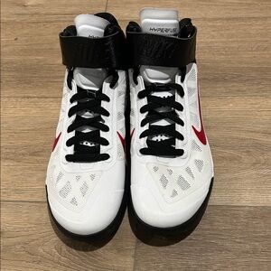 Nike White and Black Athletic Shoes with Red Accent